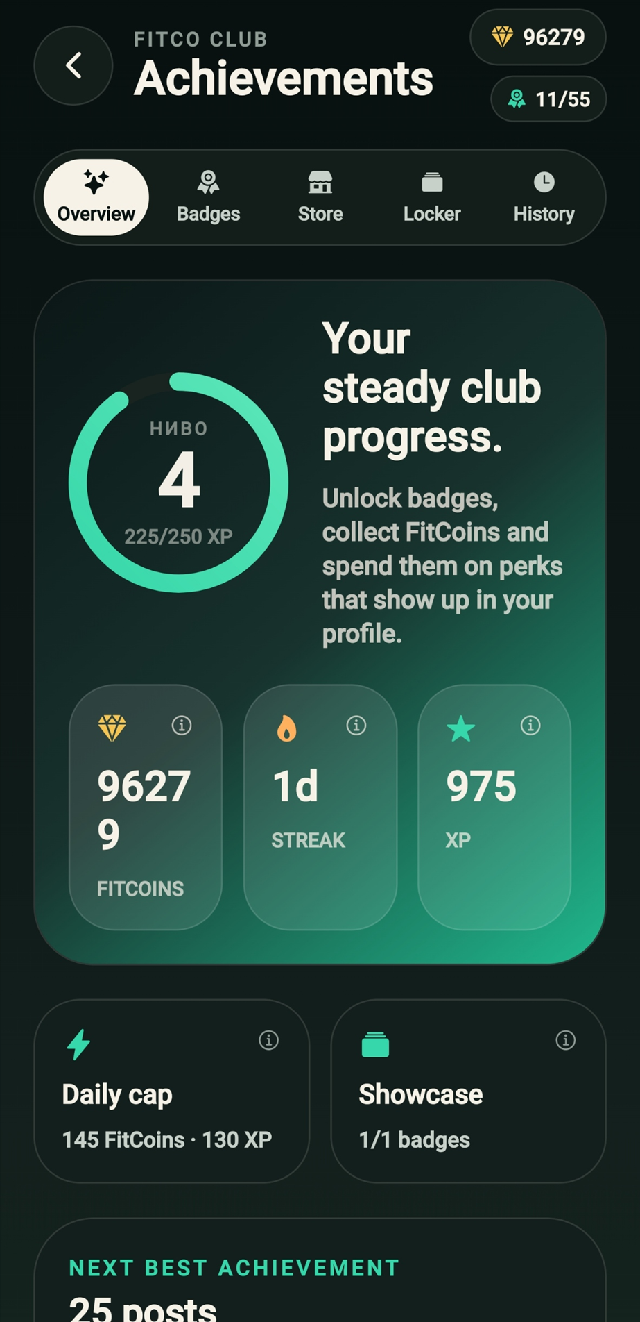 FitCo progress and rewards screen